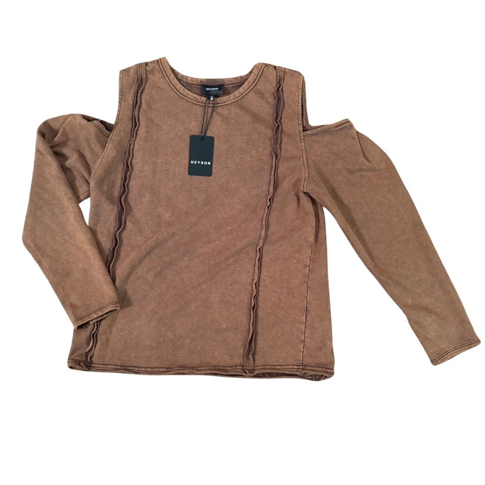 New Heyson Brown Long Sleeve Comfy Tee with Cut-Out Shoulders